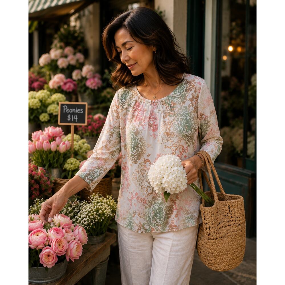 Alfred Dunner Coastal Grandmother Floral Top Womens Small 3/4 Sleeve Beaded